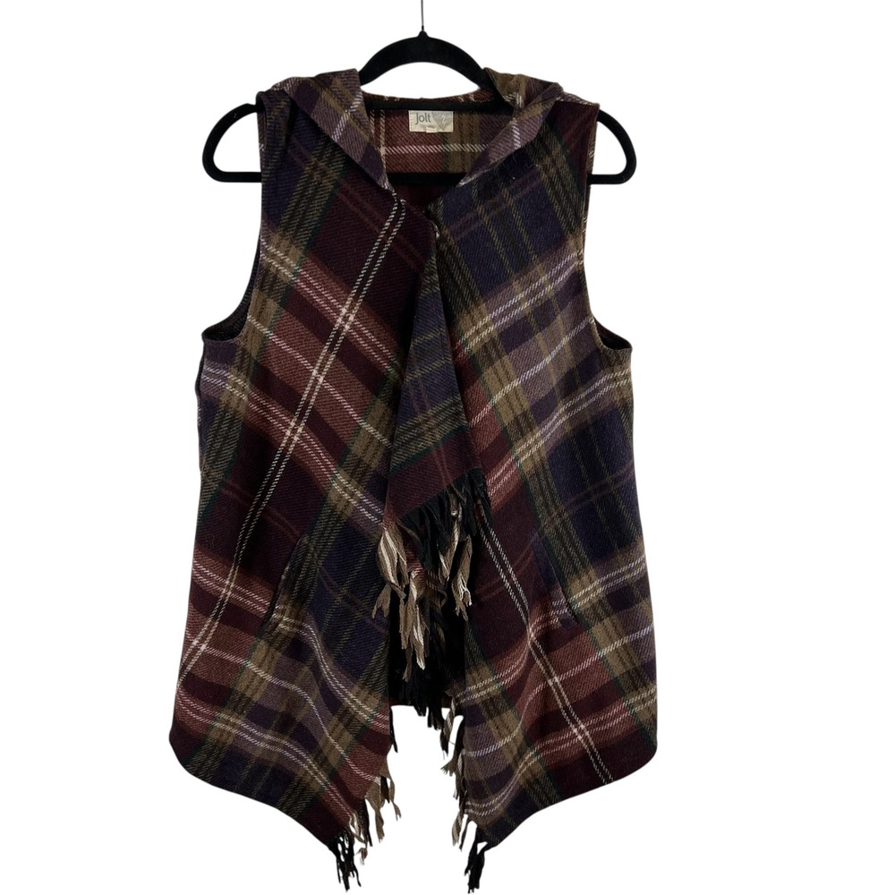 Jolt Plaid Hooded Fringe Vest Womens Medium Burgundy Purple Wool Blendβ Boho